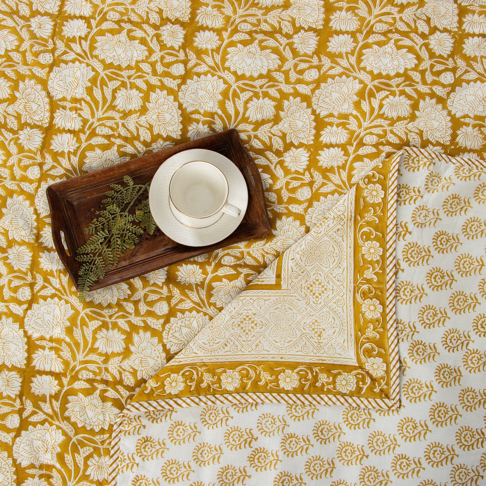 Hand Block Yellow Floral Printed Cotton Dohar Double Bed